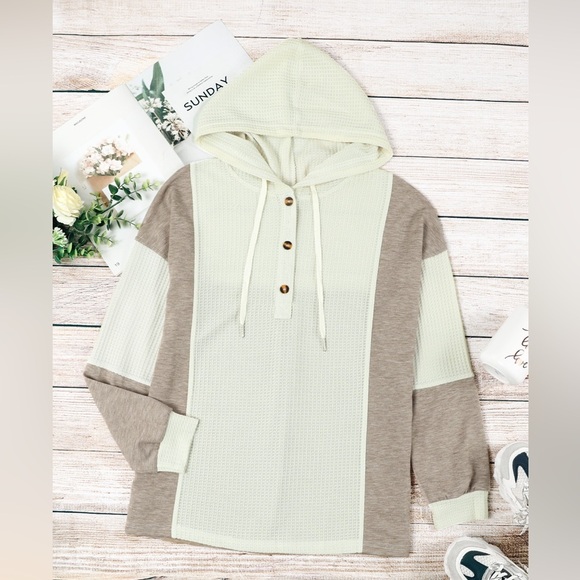 Color Block Waffle-Knit Buttoned Hoodie Beige - Picture 1 of 8